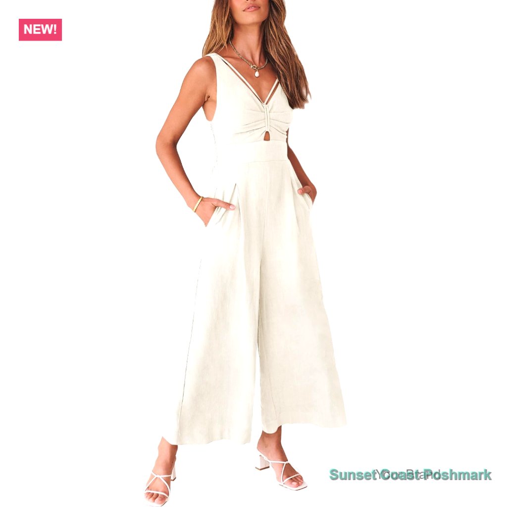 Linen Wide Leg Jumpsuit Sleeveless V Neck Casual Romper